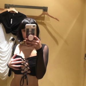 black sheer long sleeve crop top